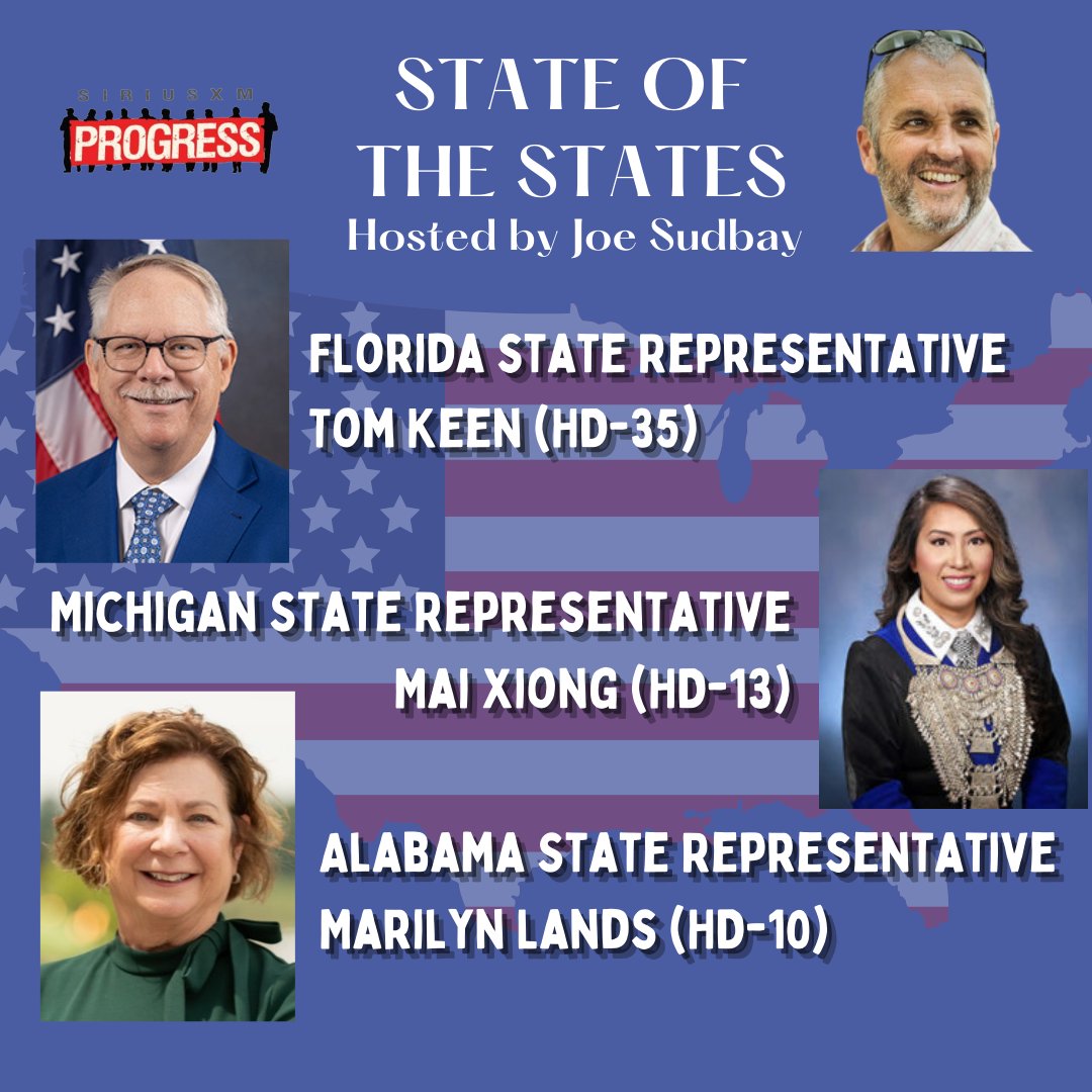 🏛️ On State of the States, @JoeSudbay checks in with three Dems who won special elections this year 🎙️ @KeenForFL from FL HD-35, @MaiXiongMI from MI HD-13 and @MarilynForAL from AL HD-10 🎙️ Reps Keen & Xiong have competitive races this fall too 📻 siriusxm.com/progress