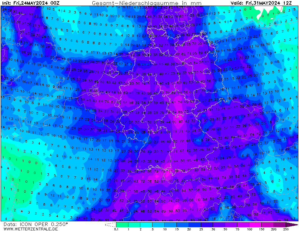 #Gewitter
ICON 00z rechnet für die nächsten 7 Tage in #Deutschland verbreitet hohe #Regenmengen von 35-80 Liter, örtlich bis 100 Liter. Das Modell rechnet Regenmengen oft zu niedrig.
⛈️🌧️☔️
wetterzentrale.de