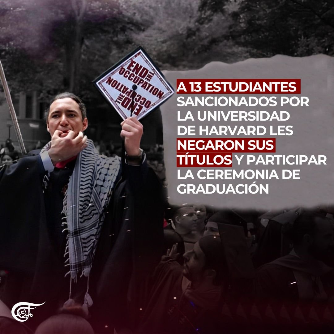 A 13 estudiantes sancionados por la junta directiva de la Universidad de Harvard les negaron sus títulos y la presencia en la ceremonia de graduación, debido a su participación en el campamento pro-Palestina de 20 días en Harvard Yard. #UniversityProtest #Harvard #Palestina