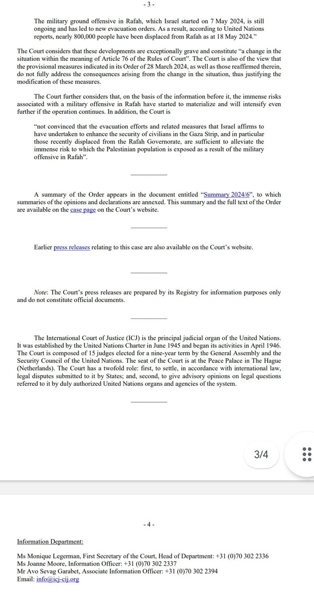 Un sumario de las 5 decisiones de CIJ - máximo órgano judicial, 15 jueces elegidos, por 9 años, por la Asamblea Gral y el Csjo de Seguridad de la ONU -, medidas provisionales en marco demanda de Sudáfrica contra Israel. Con las limitaciones del caso, el sistema ONU hace su tarea