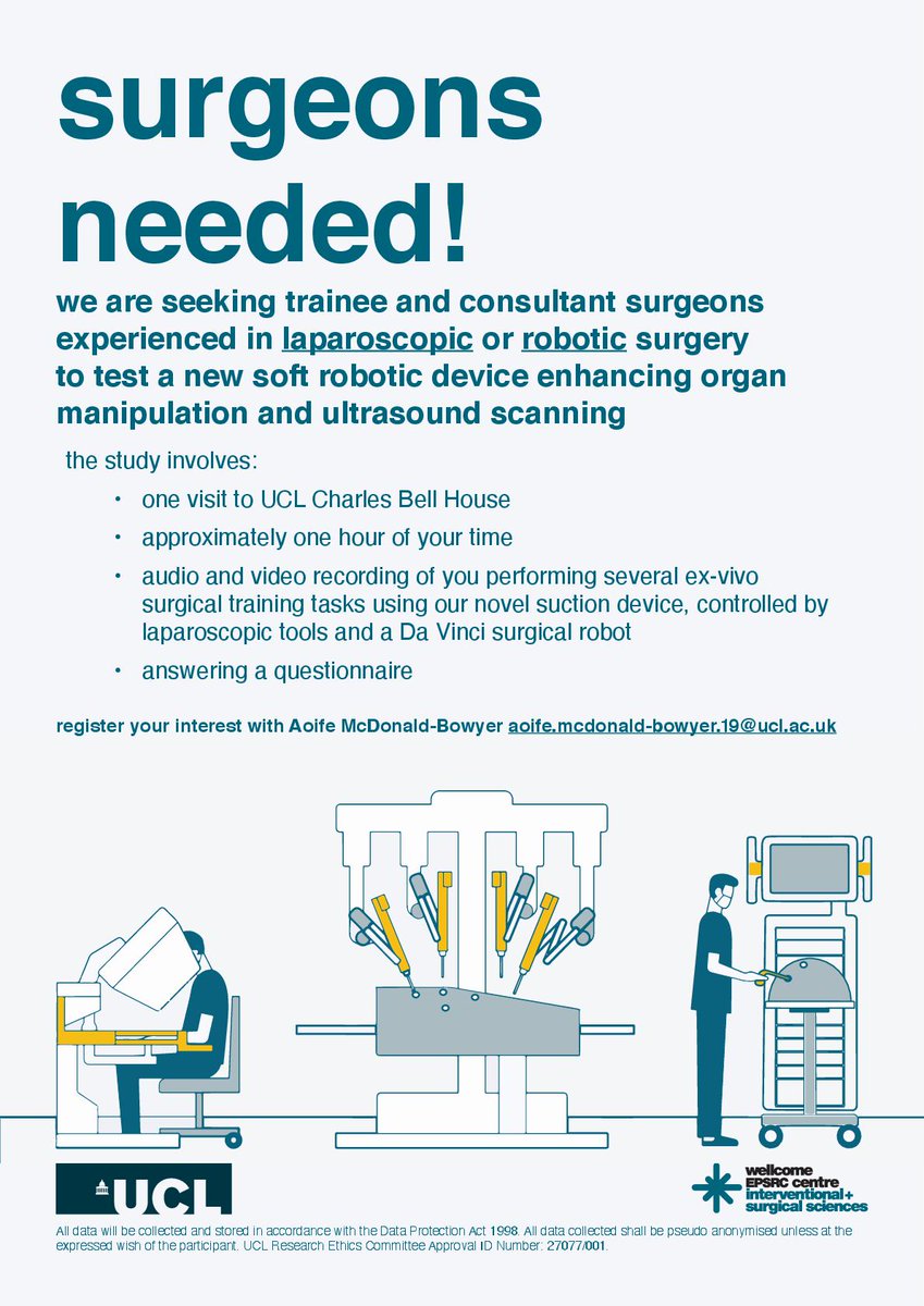 WEISS (@weiss_ucl) on Twitter photo Explore development of soft surgical devices in our usability study! We are testing a novel suction-based retraction device and are seeking user feedback from surgeons with robotic or laparoscopic experience. Contact aoife.mcdonald-bowyer.19@ucl.ac.uk Explore development of soft surgical devices in our usability study! We are testing a novel suction-based retraction device and are seeking user feedback from surgeons with robotic or laparoscopic experience. Contact aoife.mcdonald-bowyer.19@ucl.ac.uk