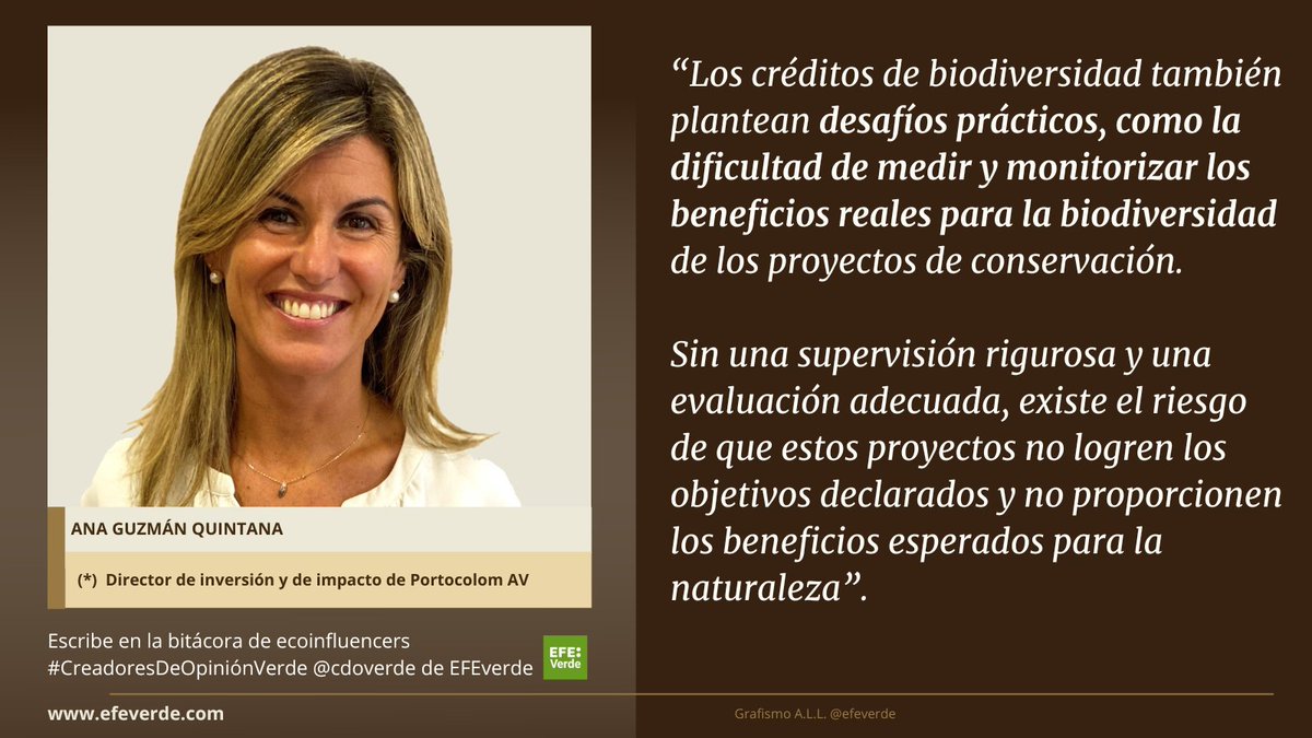 El reciente aumento en la popularidad de los créditos de biodiversidad también ha suscitado preocupaciones sobre su potencial para convertirse en una forma de 'lavado verde' o greenwashing. Ana Guzmán Quintana (#PortocolomAV) @cdoverde efeverde.com/desafiando-la-…