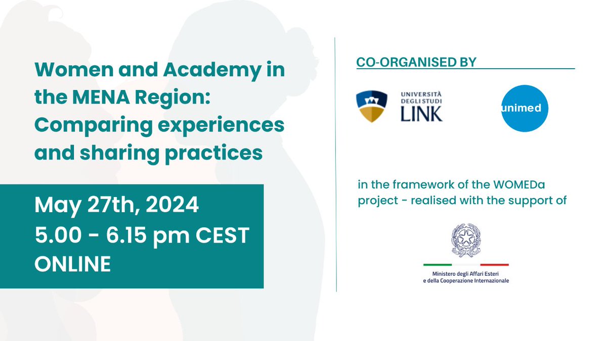 Interested in academic #GenderGap? 📚♀ Join online the Round Table: 'Women and Academy in the MENA Region: Comparing experiences and sharing practices' 🗓️May 27th, 2024 🕔 5:00 pm CEST Discover more and register here 👇 shorturl.at/oE8u8 #WOMEDaProject