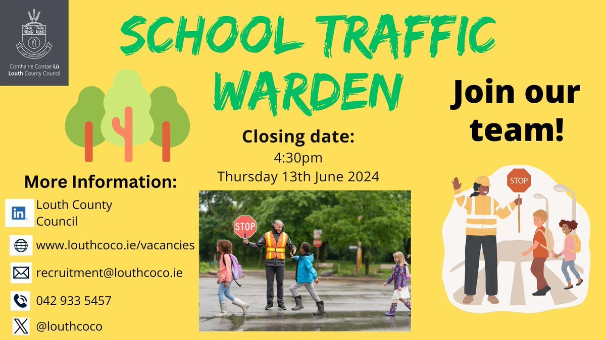 Looking for a new job? We’re hiring for School Traffic Wardens to join our team. Apply now at buff.ly/3VdtvB7 Closes 4:30pm Thu 13th Jun ’24. #JobFairy #YourCouncil #LouthJobs @Louthchat