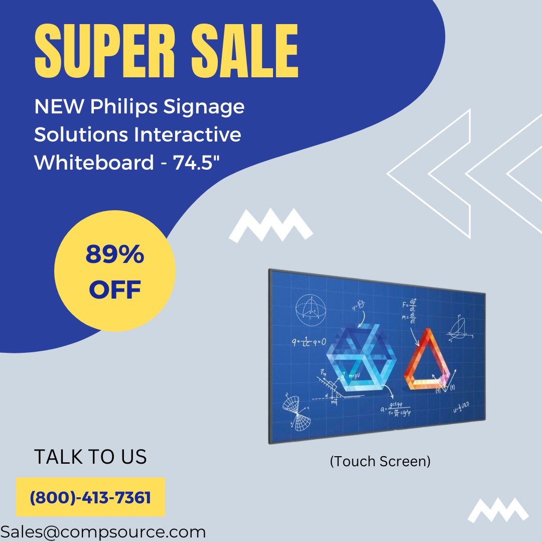 CompSource's tweet image. 🚀 Unbeatable Deal! 🚀 Get the Philips 74.5&quot; Interactive Whiteboard for just $406.60 (Reg: $3,665) at CompSource! Save 89% and pay as low as $37/month. Shop now! 💼📊 #BigSavings #CompSourceDeals #TechSale #Philpssignage

Link: compsource.com/buy/75BDL3652T…