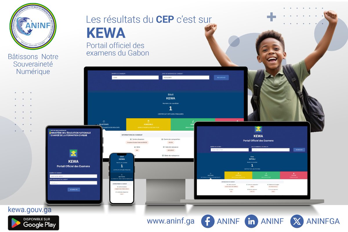 ANINFGA's tweet photo. l'ANINF accompagne le ministère de l'Éducation nationale dans l'annonce des résultats des examens nationaux au Gabon.   La digitalisation de l'administration notre mission . Les résultats sont désormais disponibles sur:   
👉🏽 https://t.co/JooZAFY8KN 
Félicitations aux admis 🥳!!! https://t.co/nEMeYhq1NT