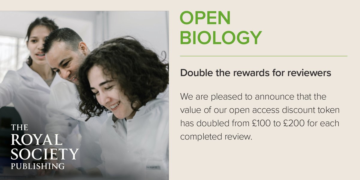 When you review an article for either #BiologyLetters or #OpenBiology, you will now be eligible to receive a discount token worth £200 towards the article processing charge of publishing an open access article in any Royal Society journal. ow.ly/AohW50RyoRb