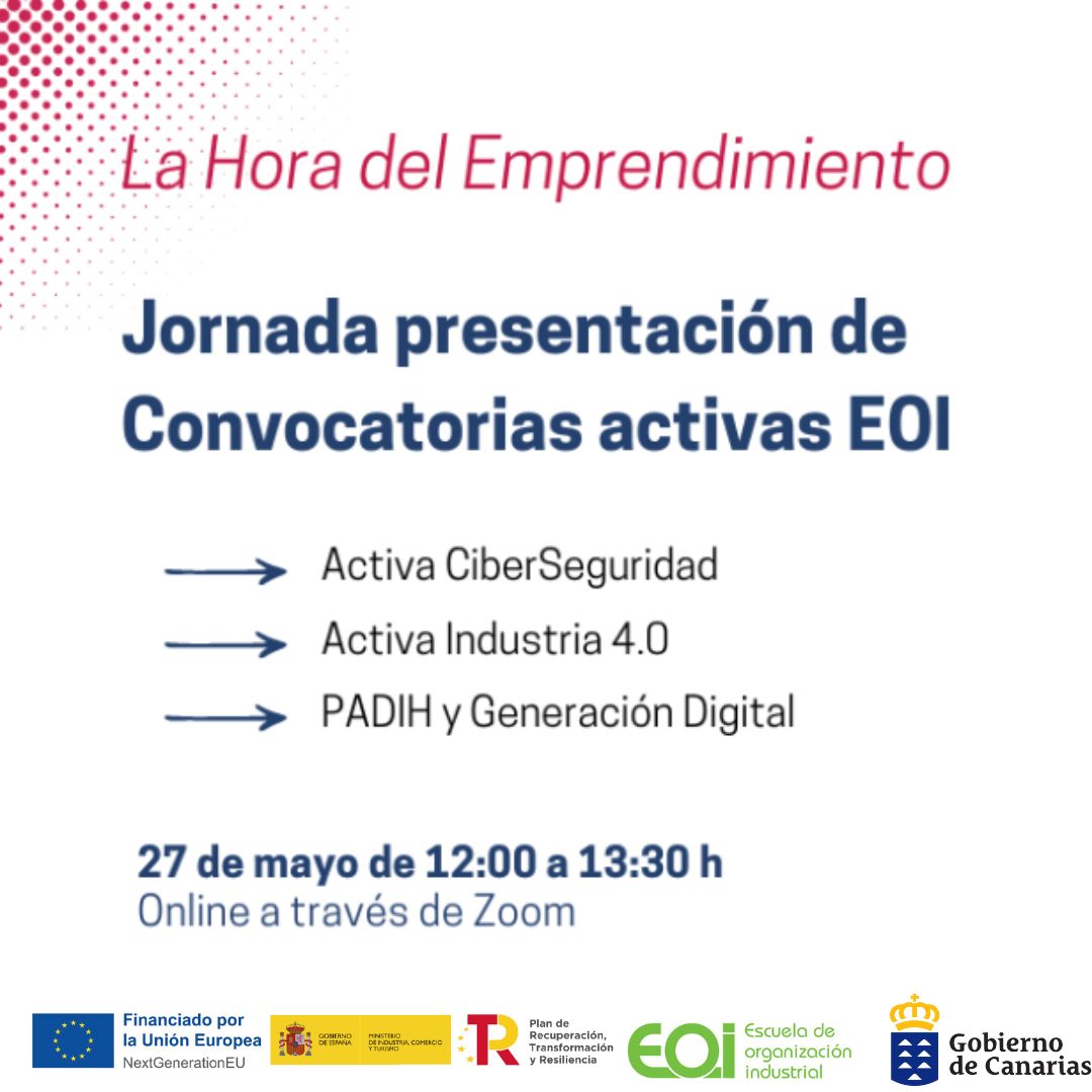 ¡ATENCIÓN!🚀 El 27 de mayo de 12:00 a 13:30 tiene lugar la jornada informativa online organizada por la (EOI) donde descubrirán los programas de aceleración disponibles. ¡Inscríbete! zurl.co/fO72 🌐 #Emprendedores #EOI #mentorDay @eoi @RedCIDE1 @emprendecanario
