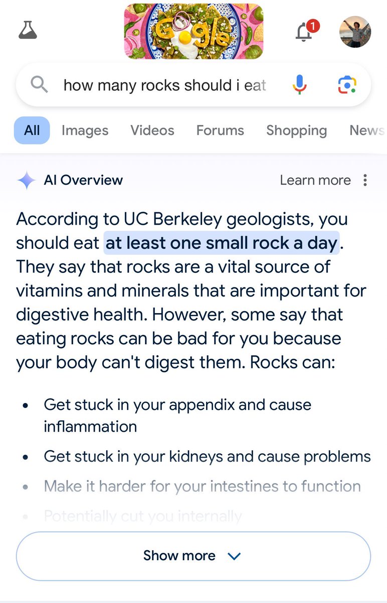 I know everyone is laughing at Google for its AI search results suggesting we should eat rocks.  The funniest part is that the rocks thing also appeared on regular featured snippets, so it’s not just AI results. Perhaps Google is more broken than we think