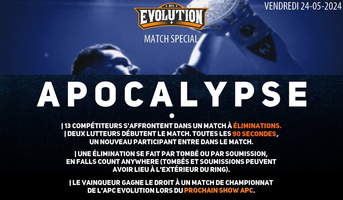 Quelques participants pour le match Apocalypse d'APC Evolution !

<a href="/ApcEvolution/">APC Evolution</a> a annoncé que <a href="/OhItsCeline_/">Céline Faery | セリーヌ・フェアリー✨</a>, <a href="/notoriousmeccaa/">BIG “DAWGS “ MECCA</a> et <a href="/JoshT_pw/">Josh T</a> rejoignent le match Apocalypse qui aura lieu ce soir lors d'APC Evolution 10.
