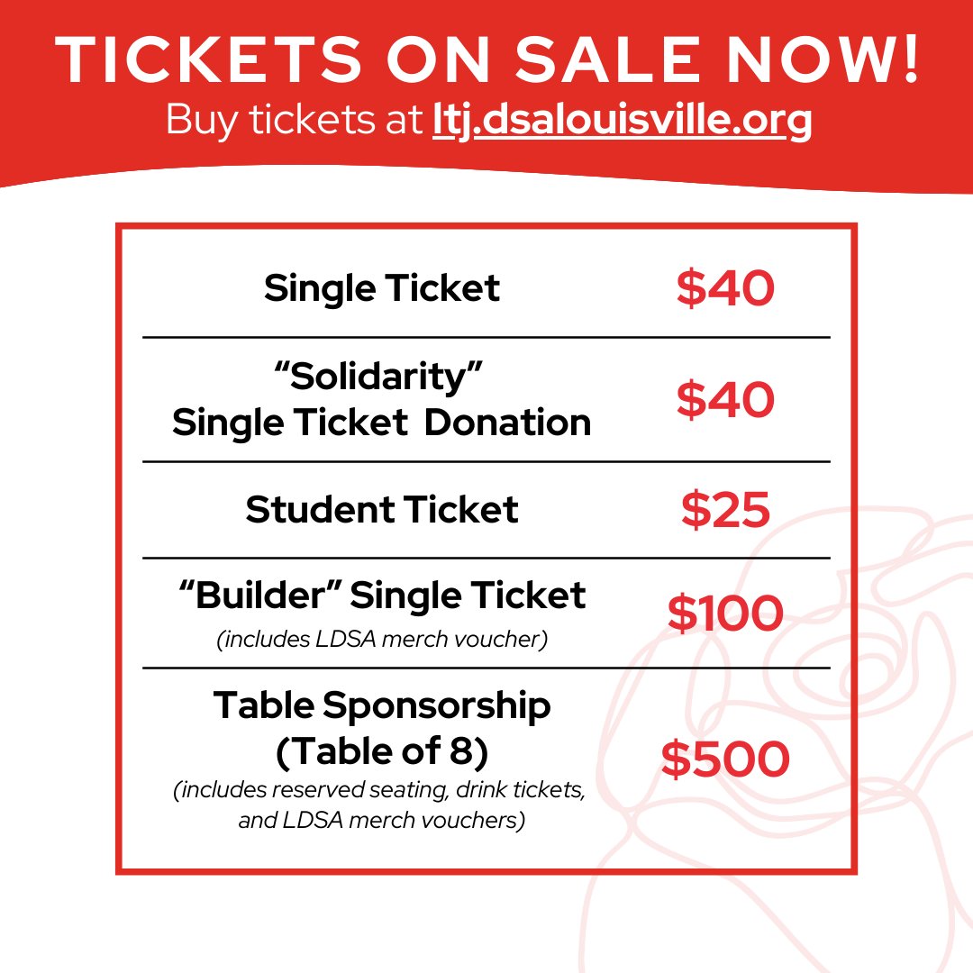 ✨ TICKETS NOW ON SALE 🔗 ltj.dsalouisville.org ✨Join us 05/22 @ 6p (First Unitarian Church, 809 S. 4th St.) for the Lyman T. Johnson Dinner, a kick-off fundraiser 💸 for the LDSA Building Fund. Tix 🎟️ start at $40 w/discounts for students &amp; other opportunities to give more!