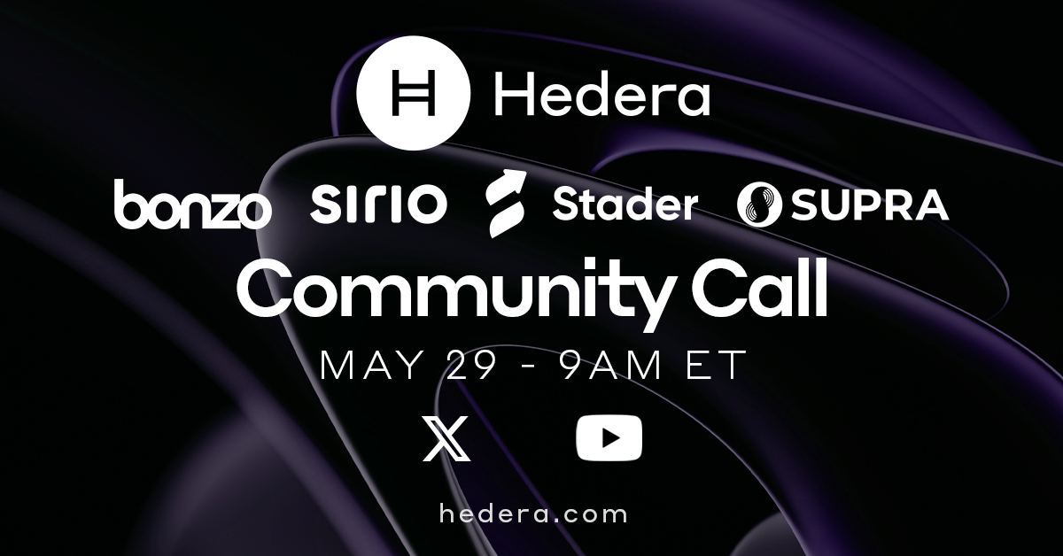 👥 Join us here on @X or on @YouTube next week for our #Hedera Community Livestream, featuring upcoming #DeFi protocols @bonzo_finance and @SirioFinance, liquid #staking platform @staderlabs, and recently integrated #Oracle provider @SUPRA_Labs! 🗓️ Wed, May 29th | 9AM ET