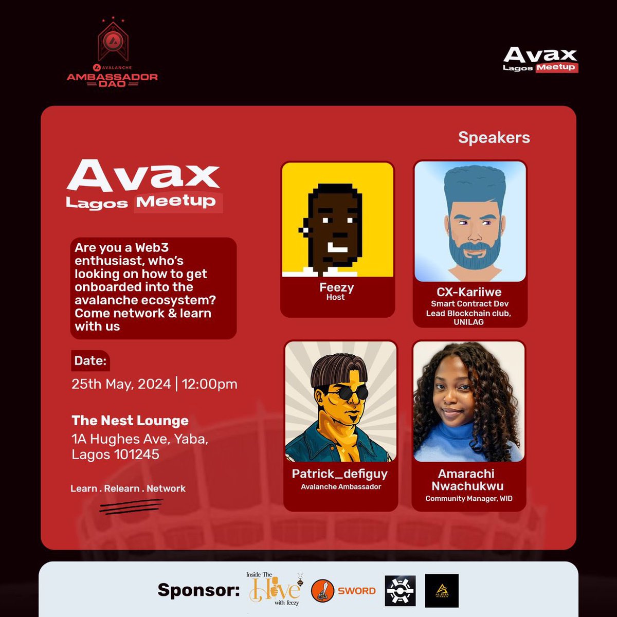 Frey_OE's tweet photo. 🔥 Countdown to the #AVAX LAGOS MEETUP
20hrs left until we paint Lagos RED with @that_techieboy leading the charge.
Gladiator $Swords ready for battle 🎯 Join an epic event of networking, learning, and fun.
Time to paint the city red 🔺
See you there 🌟 #AVAX #LAGOSMEETUP https://t.co/ZUjDNZM48T