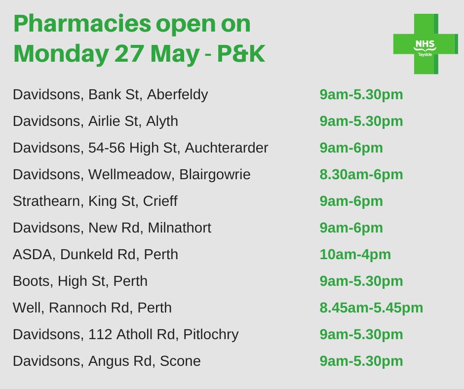 Most GPs in Tayside will be closed today (Monday 27 May). Please check your practice’s opening times. Community pharmacies can offer advice and treatment for many illnesses. Swipe ➡️ for pharmacies open today. Find out more ➡️ rightcaretayside.scot.nhs.uk