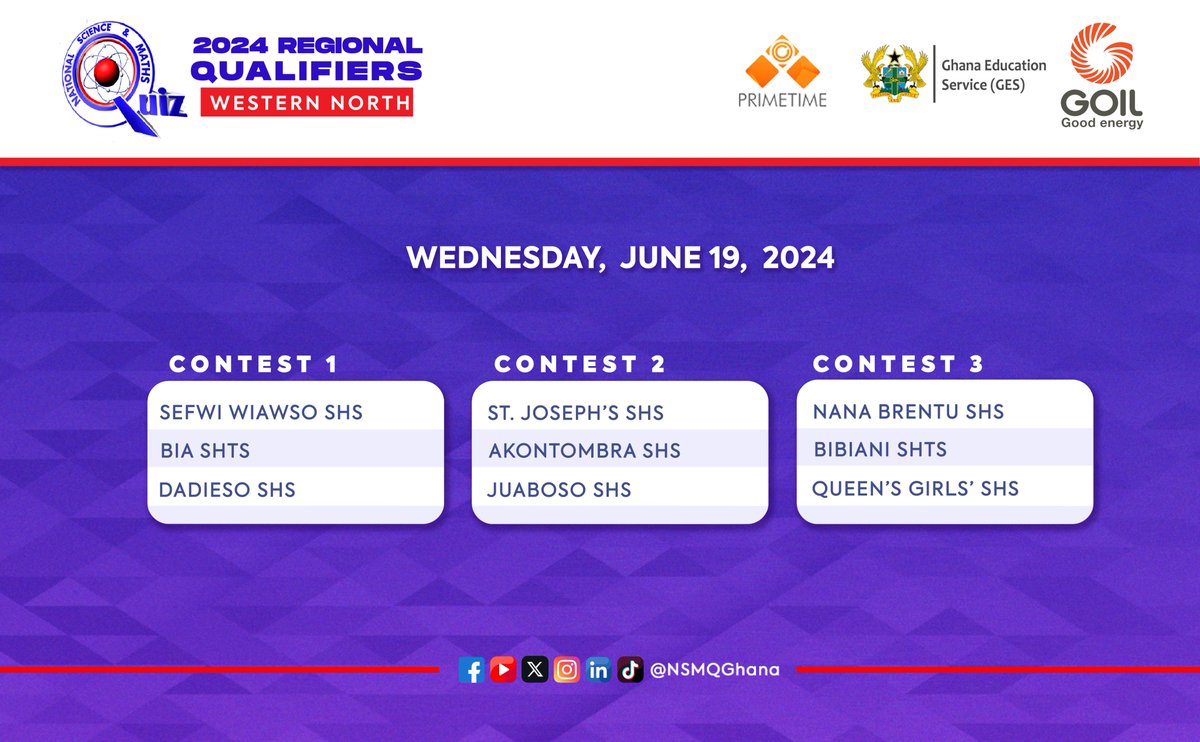 CONFIRMED: Three contests will take place on June 19, 2024, to choose which schools will represent the Western North Region at #NSMQ2024. #NSMQRegionals #Primetime