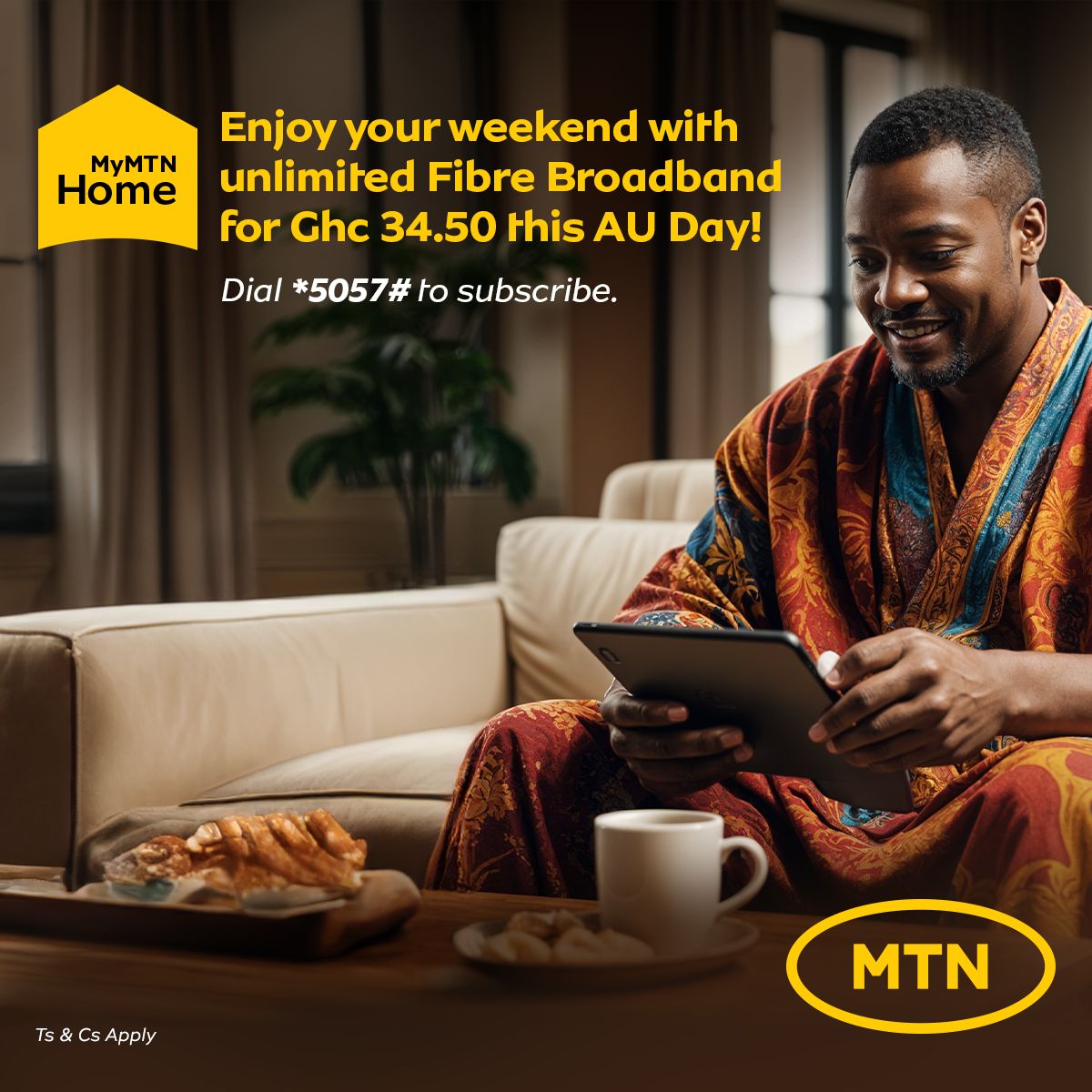 Celebrate AU Day with MTN. Browse unlimited this weekend for only GHS 34.50 on Fibre Broadband. Dial *5057# to subscribe.