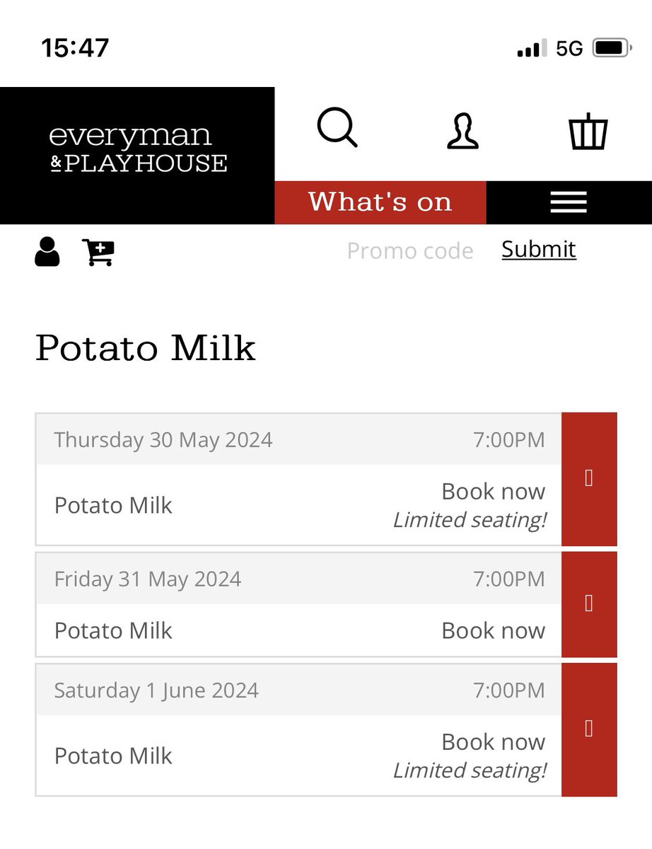 Potato milk tickets are flying - get them while they’re hot!

limited tickets left for Thursday &amp; Saturday, so book now if you’re planning to come on either of those nights! (or get booking for Friday and help us sell out this run!)
🎟️⬇️
tickets.everymanplayhouse.com/overview/10583…
