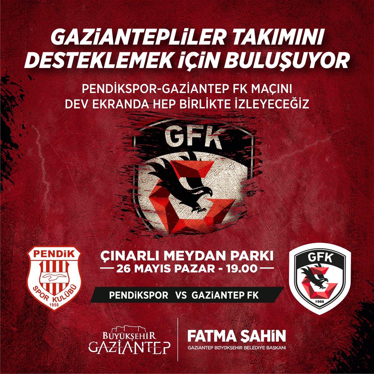 26 Mayıs Pazar günü ⏰ 19.00’da @GaziantepFK’nın Siltaş Yapı Pendikspor ile oynayacağı önemli maçta burada, Çınarlı Meydan Parkı’nda tek yürek olacağız. 👏 Gelin bu coşkuyu dev ekranda birlikte yaşayalım, takımımıza destek olalım. Hepiniz davetlisiniz! ❤️🖤 #GaziantepTekYürek