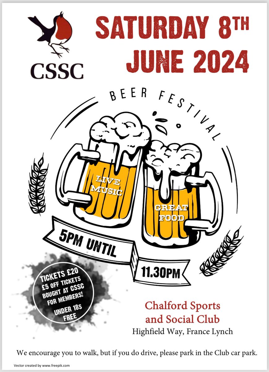 🍻Chalford Beer Festival🍻 
📅: Saturday 8th June 2024
🎟️: £20 Non Members, £15 Members, U18s Free
📍: Highfield Way, Chalford, GL6 8LZ