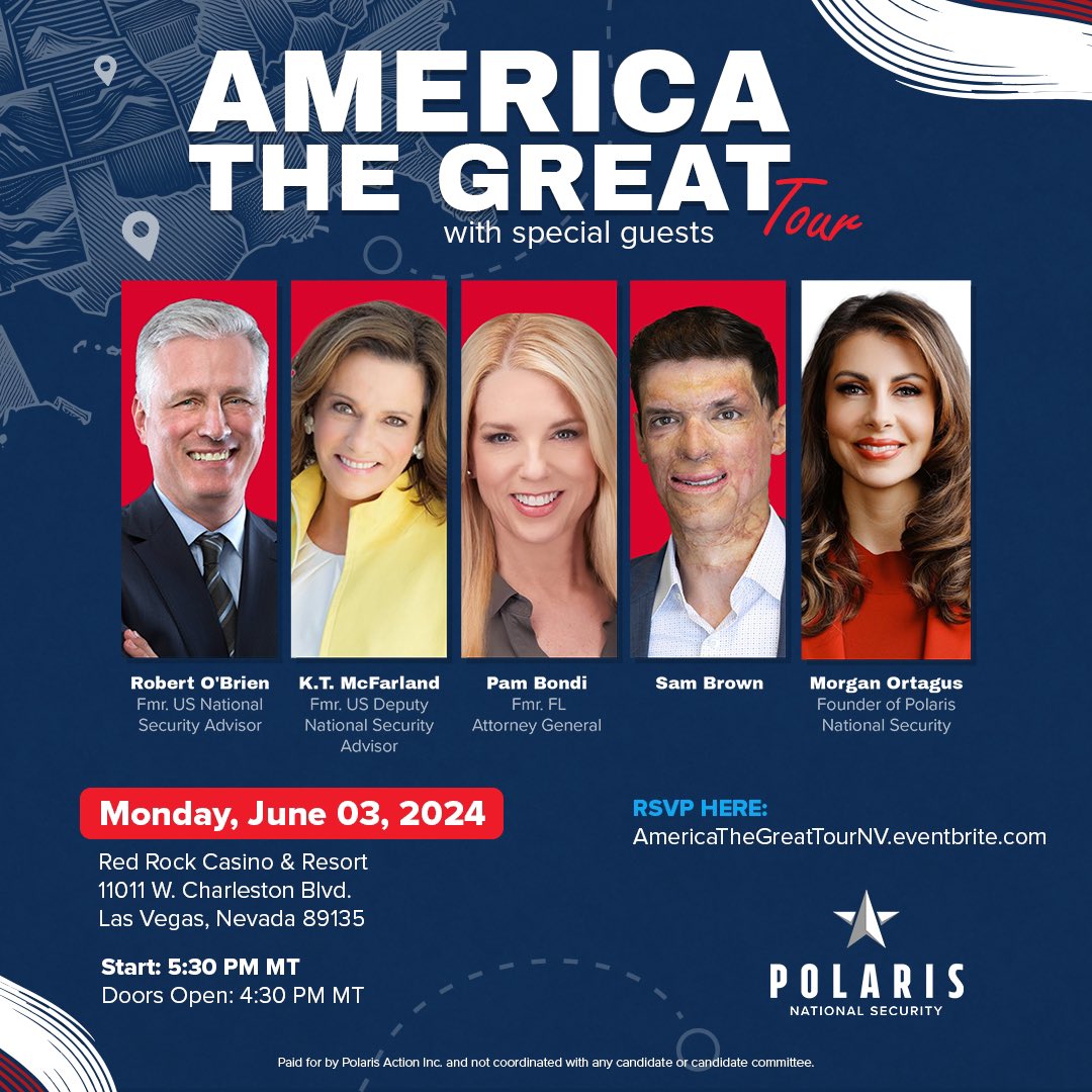 The America the Great Tour is coming to LAS VEGAS! 🎲 Excited for an engaging panel with special guests: 🇺🇸 @robertcobrien 🇺🇸 @realKTMcFarland 🇺🇸 @pambondi 🇺🇸 @captainSamBrown & our Founder, @MorganOrtagus. Don't miss out – join us Monday, June 3rd! RSVP TODAY: