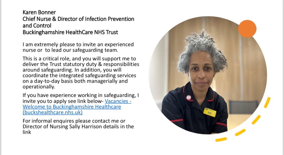 Another reason to join me @BucksHealthcare I am pleased to invite an experienced nurse to apply to lead our safeguarding team 👇🏽👇🏽please share