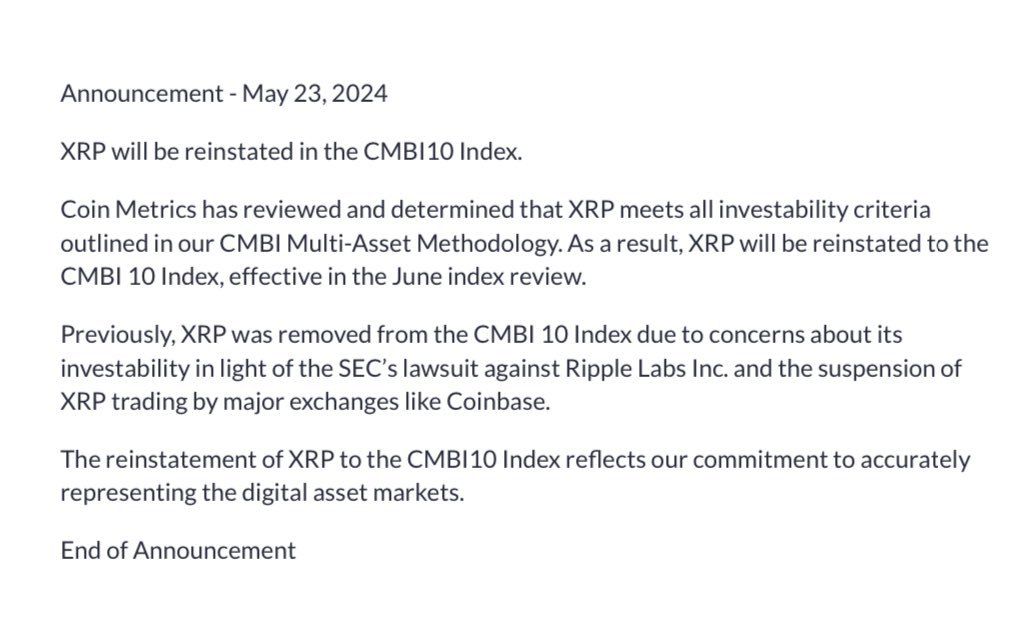 🚨 BREAKING: $XRP will be reinstated in the CMBI10 Index !! MASSIVE Week For #XRP & Crypto Adoption !! 🇺🇸💥