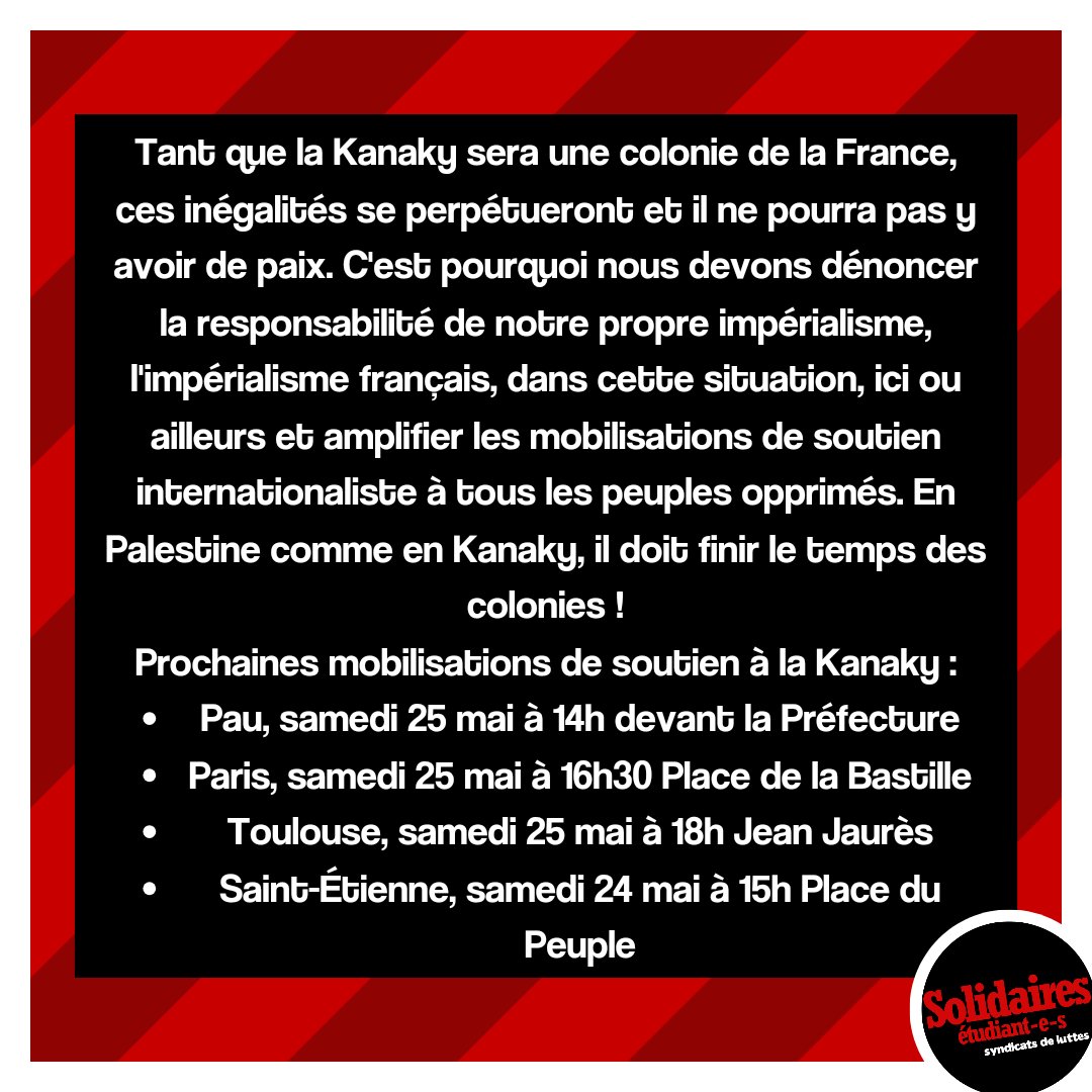 🇳🇨 SOLIDARITÉ AVEC LA JEUNESSE ET LE PEUPLE KANAK

Nous apportons notre solidarité au peuple kanak qui lutte contre le colonialisme français. Nous devons dénoncer notre propre impérialisme.

En Palestine comme en Kanaky, il doit finir le temps des colonies ! 🇵🇸 🇳🇨