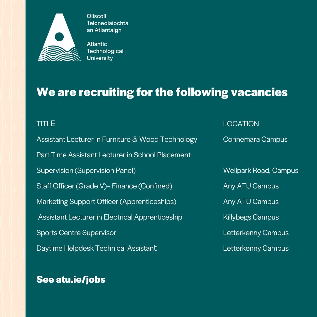 ATU is hiring! If you're interested in joining the team at Atlantic Technological University then check out our career opportunities here ➡️ atu.ie/jobs
