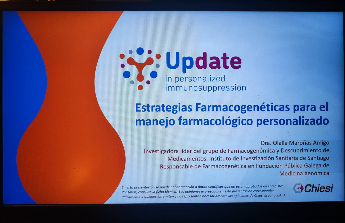 En Barcelona en la jornada 'Update in personalized immunosuppression' presentando 'Estrategias Farmacogenéticas para manejo farmacológico personalizado'. Agradecer a Chiesi la invitación   #GenDeM #Farmacogenética @idis_research @cimususc @GMXenomica