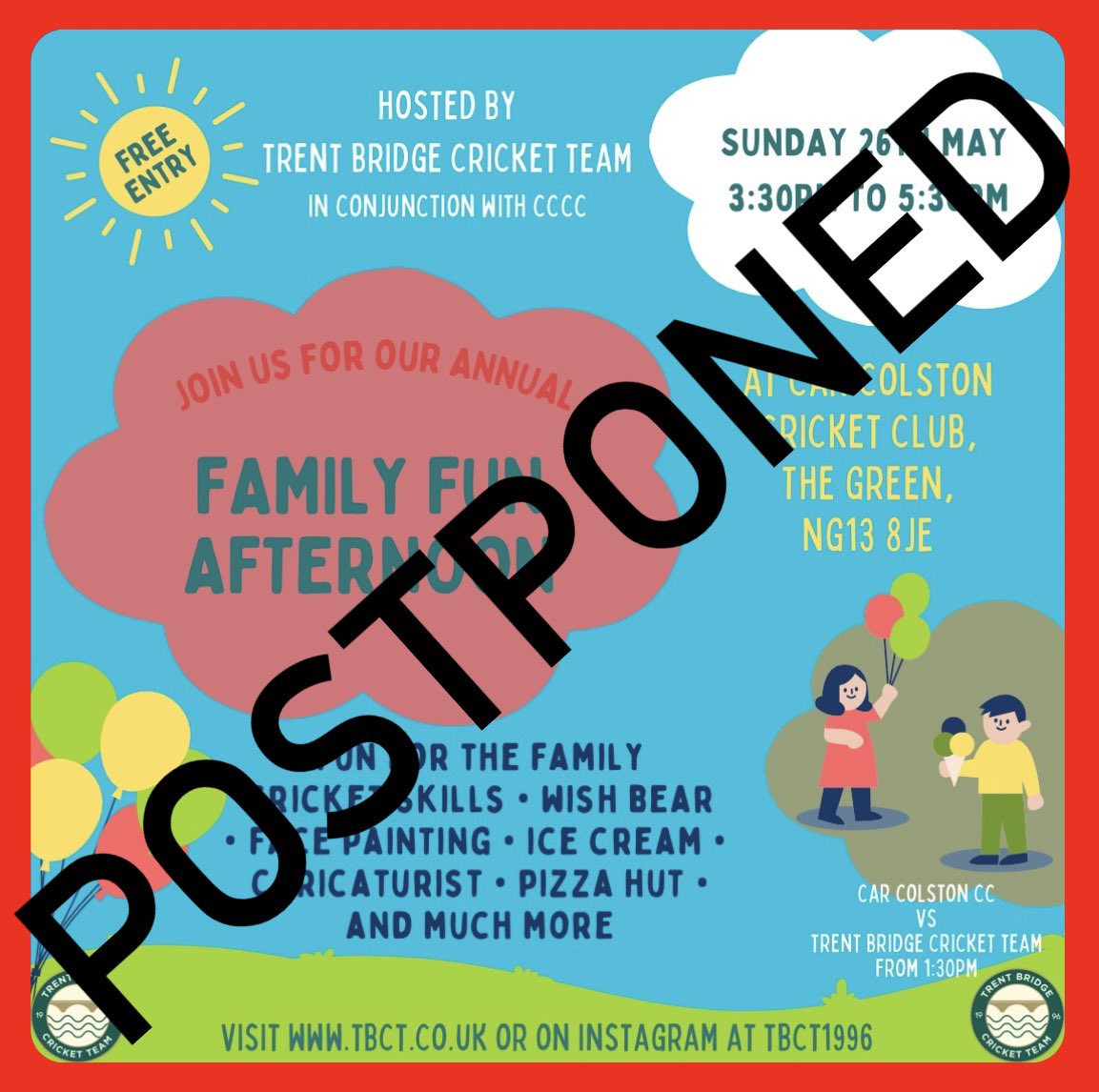 Unfortunately due to ground conditions and weather our fun afternoon on Sunday has been postponed. Details of the new date will be announced in due course 🙏