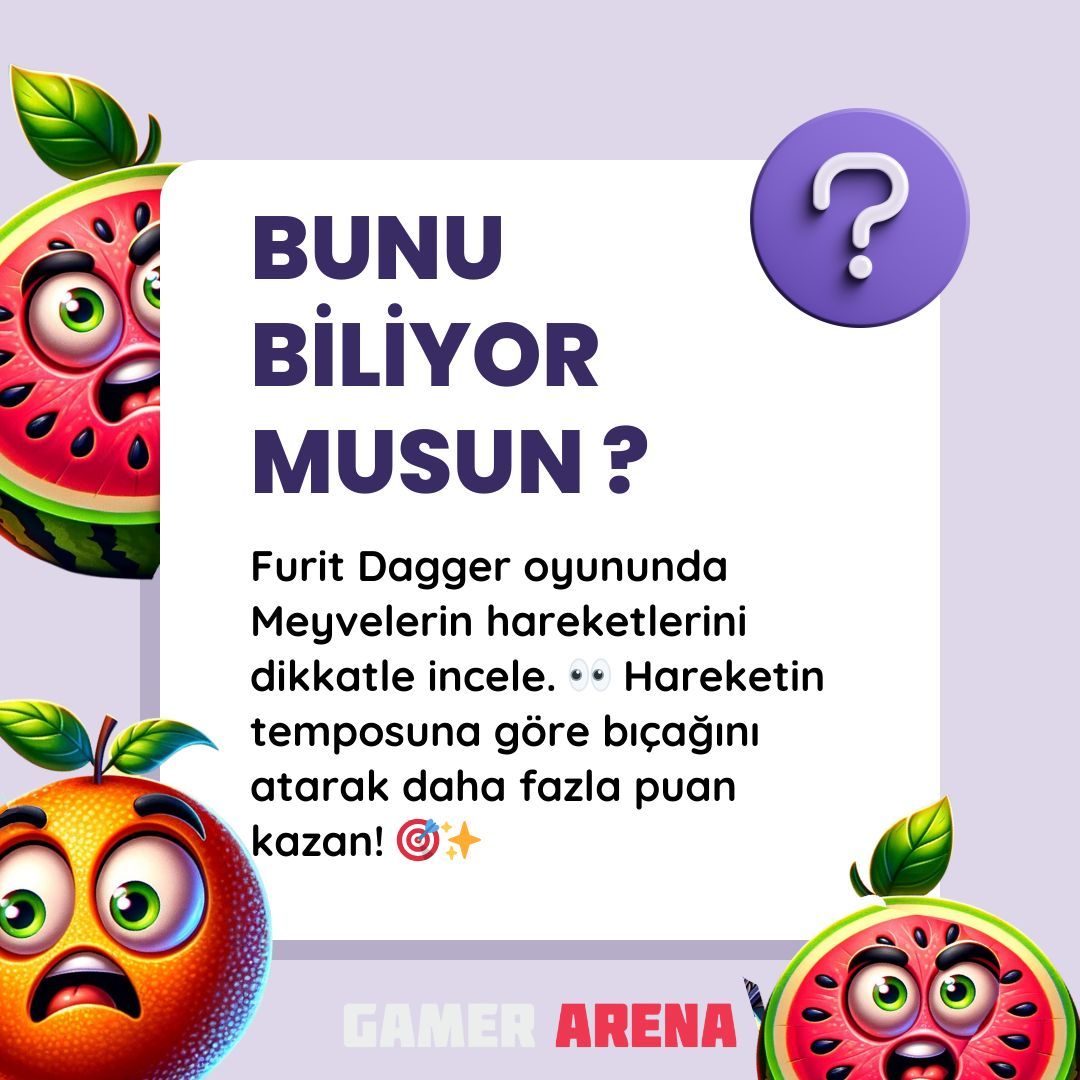 🔍 Bunu Biliyor Musun? 🔍

Fruit Dagger oyununda ustalaşmanın sırrı burada! 🗡️🍉

Meyvelerin hareketlerini dikkatle incele. 👀 Hareketin temposuna göre bıçağını atarak daha fazla puan kazan! 🎯✨

#GamerArena #MeydanOkuKazan #GAAPP #FruitDagger #BunuBiliyorMusun #ChallengeAndEarn