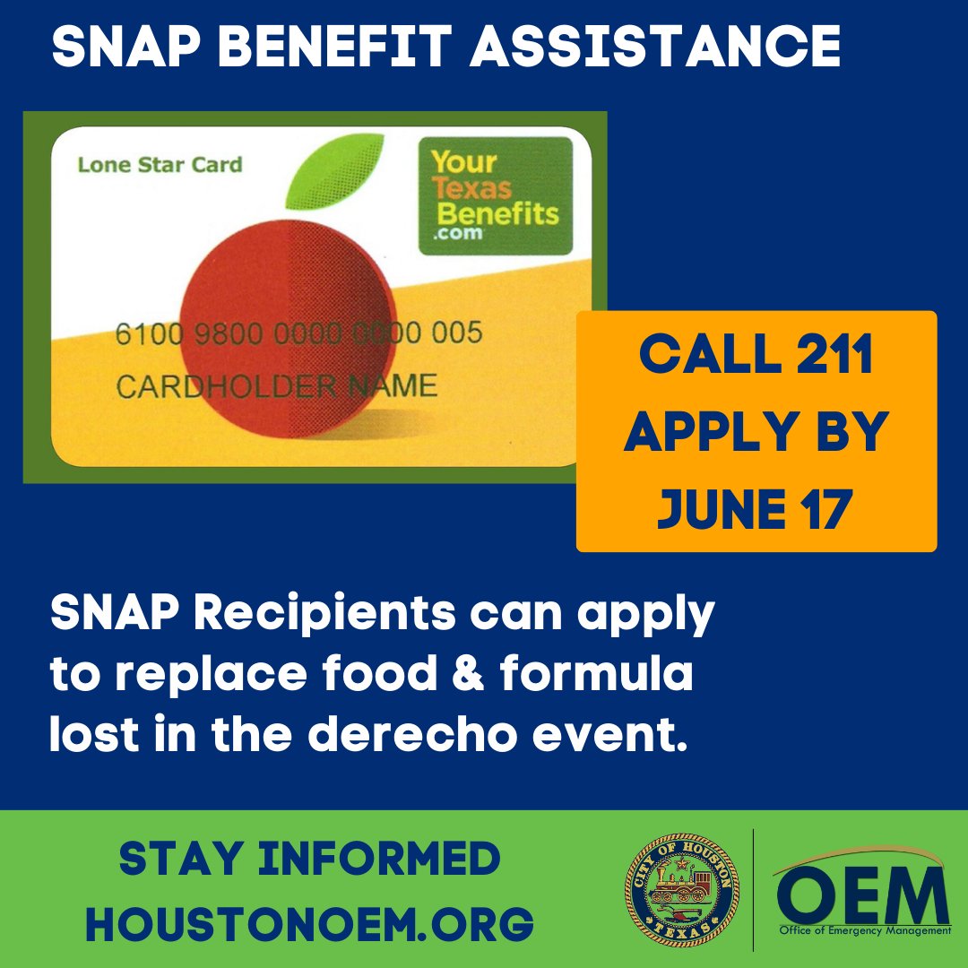 SNAP recipients in Austin, Chambers, Colorado, Harris, Liberty, Montgomery, Polk, San Jacinto, Trinity, Walker & Waller counties can apply to replace food lost or destroyed by the recent storms by June 17. Dial 2-1-1 and select Option 2 or visit 211Texas.org