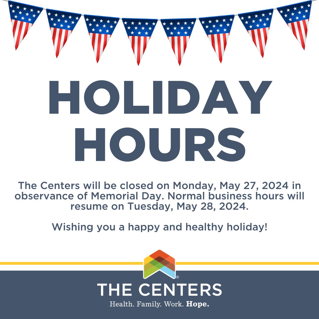 The Centers will be closed on Monday, May 27, for Memorial Day holiday. If you’re grieving the loss of one of those we’re honoring this weekend, The Centers has counselors ready to help. Call 216-325-WELL (9355) to schedule an in-person or telehealth appointment today.