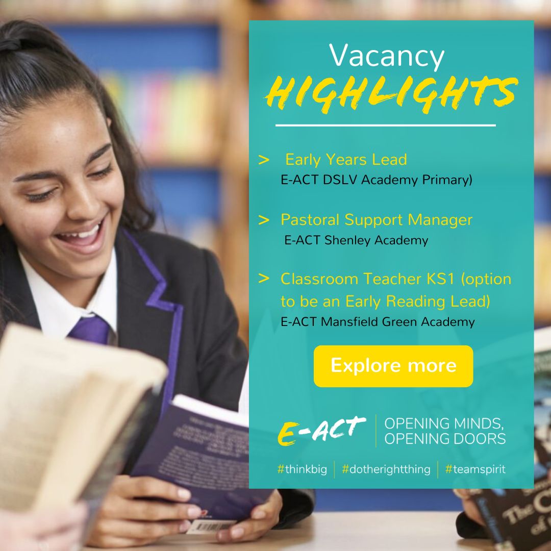 📣E-ACT Vacancy Highlights📣 Don't miss out on these incredible opportunities across our trust!👇 buff.ly/3I1dXZS 1️⃣ Early Years Lead buff.ly/3WQXX5i 2️⃣ Pastoral Support Manager buff.ly/3WR88XO 3️⃣ Classroom Teacher KS1 buff.ly/3WQj8EE