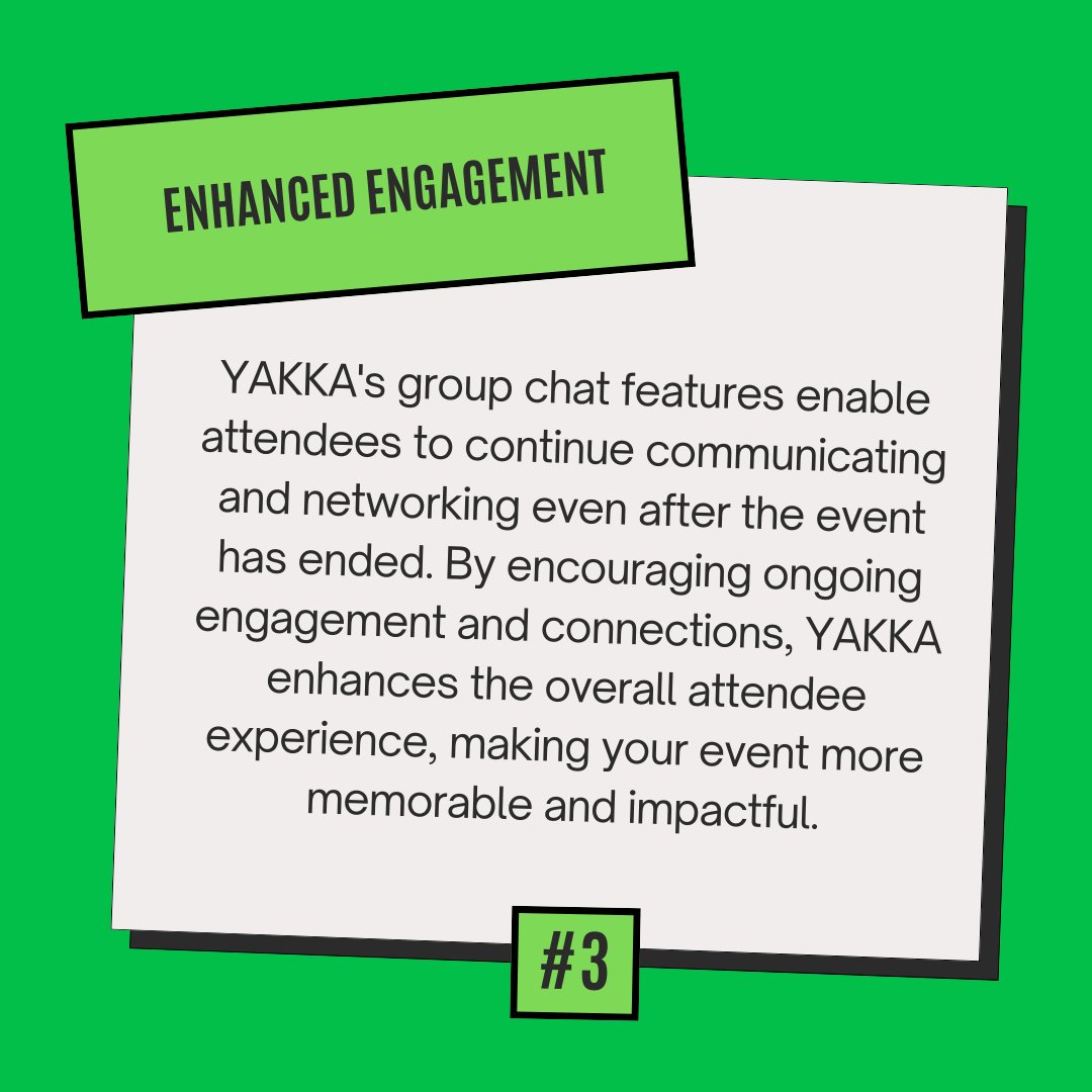 5 Ways YAKKA can make your event a hit 

No 3: 𝐄𝐧𝐡𝐚𝐧𝐜𝐞𝐝 𝐄𝐧𝐠𝐚𝐠𝐞𝐦𝐞𝐧𝐭

#YAKKA #HumanConnection #EventAndGroupOrganisers #EventSuccess #EventPlanning #EventManagement #Networking #EngagedCommunity #EngagedAttendees #HyperTargetedMarketing #EventMarketing