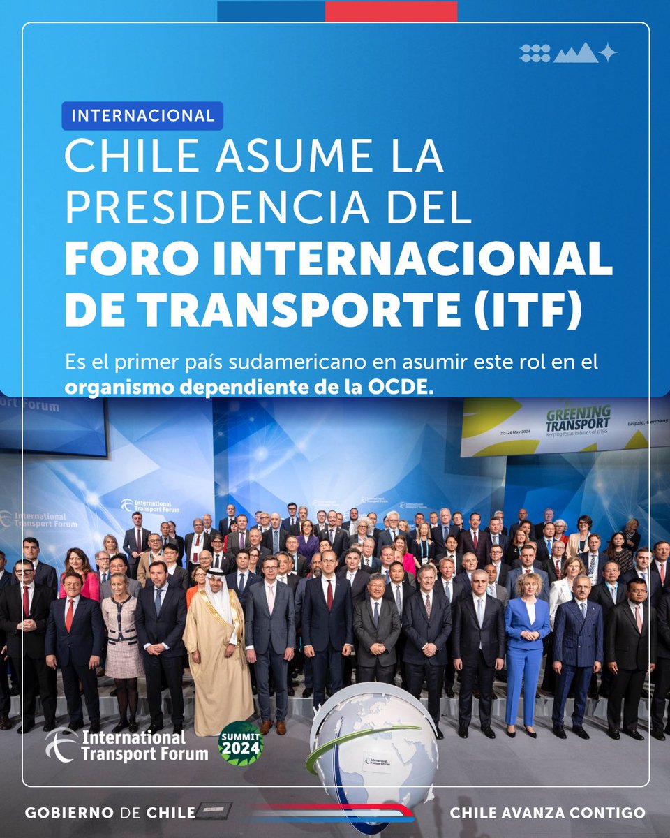 Chile consolida su liderazgo internacional en temas de movilidad 🇨🇱 El ministro @JuanCaMunozA asumió en la cumbre de Leipzig, Alemania, la presidencia de @ITF_Forum reafirmando nuestro compromiso por avanzar en políticas públicas que mejoren la calidad de vida.