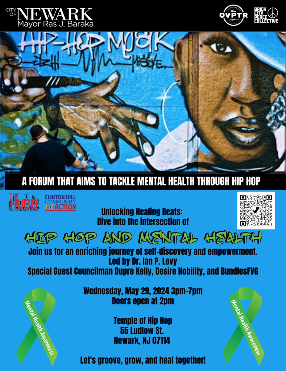 Join us for an insightful and transformative event exploring the intersection of Hip Hop and mental health. This forum aims to foster understanding, inspire discussions, and promote healing through the powerful medium of Hip Hop. Wednesday, May 29, 2024 3 P.M. - 7 P.M.