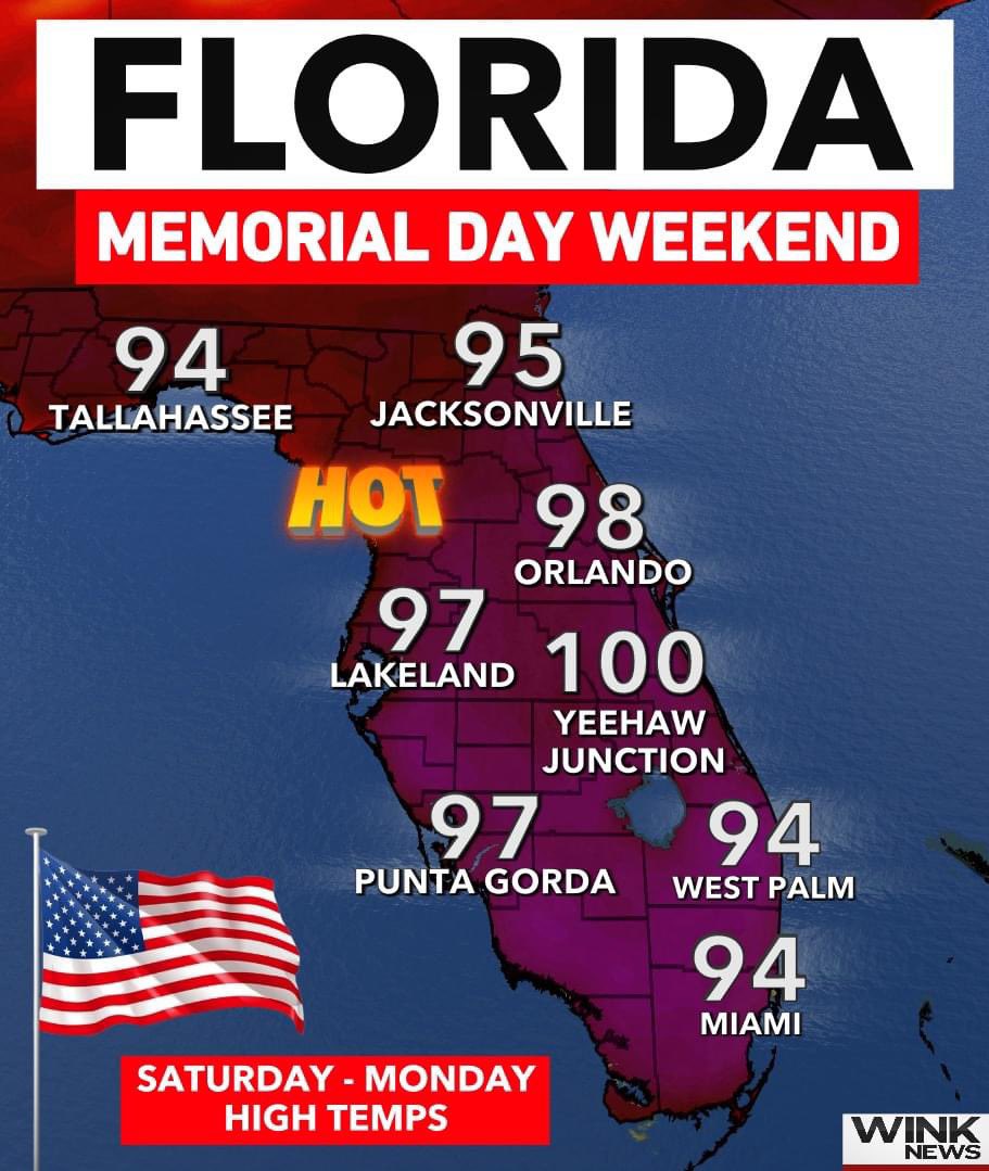 HOT Memorial Day weekend with highs from the mid 90s to 100 across Florida. Can’t rule out a few records along the way. Great weekend to head to the beach or pool, stay cool! 🔥🥵 @WINKNews