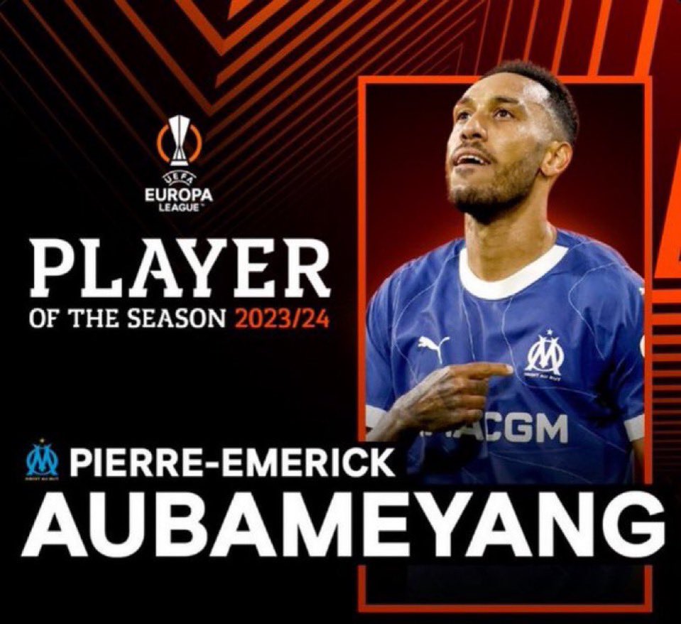 Cultur_OM's tweet photo. 🔴 OFFICIEL : 

P-E Aubameyang 🇬🇦 est élu joueur de la saison 2023/24 en Europa League !! 

Félicitation à lui !! 👏🏽 

#TeamOM https://t.co/7KggPajAo4