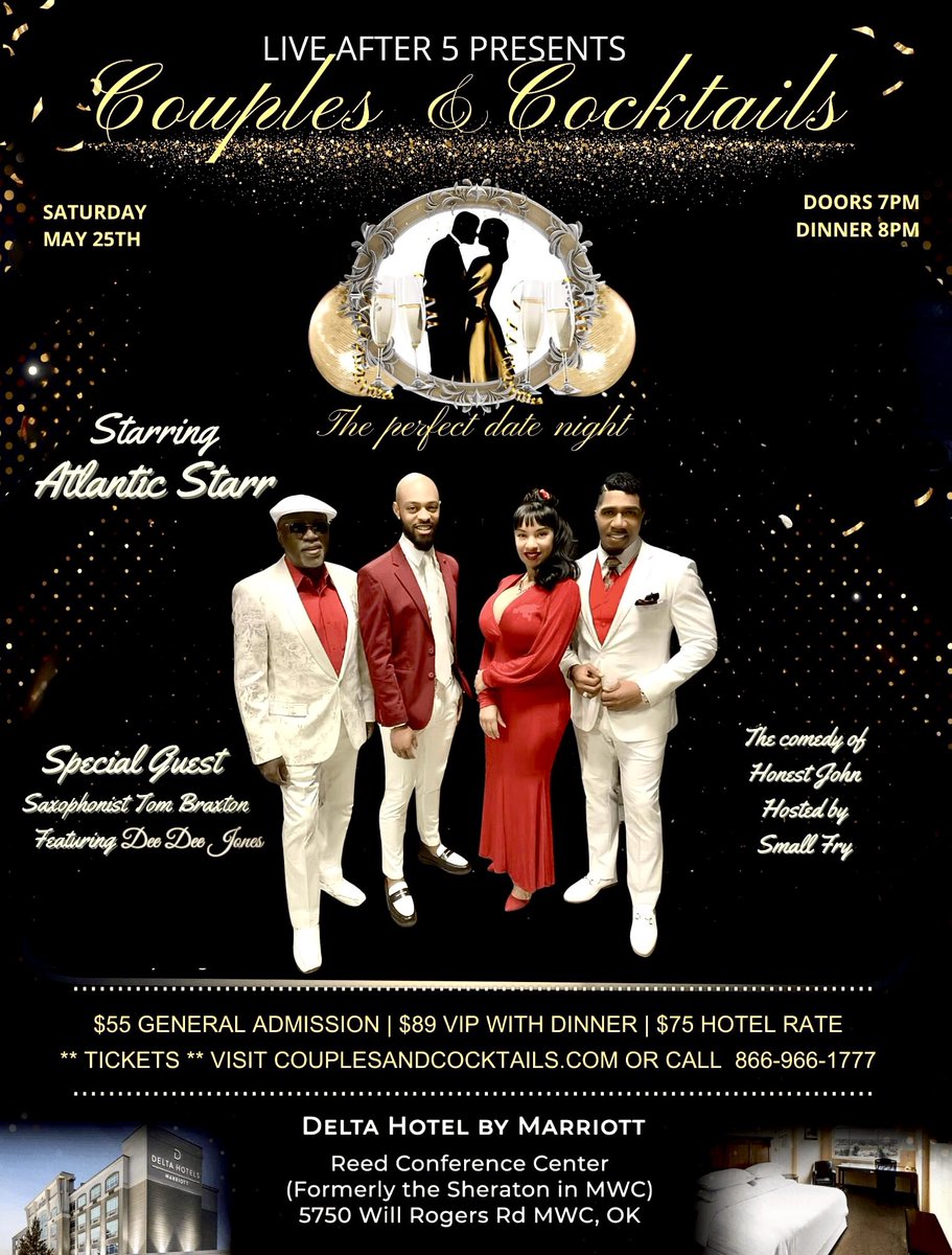mikefezee's tweet image. OKC!!! We are back with another “Couples &amp;amp; Cocktails”. We have a Hell of a Show for Y’all! Hope to see ya there! #michaelfieldsjr #couplesandcocktails #okclivemusic #liveafterfiveent #atlanticstarr #tombraxton #deedeejones #mfjband