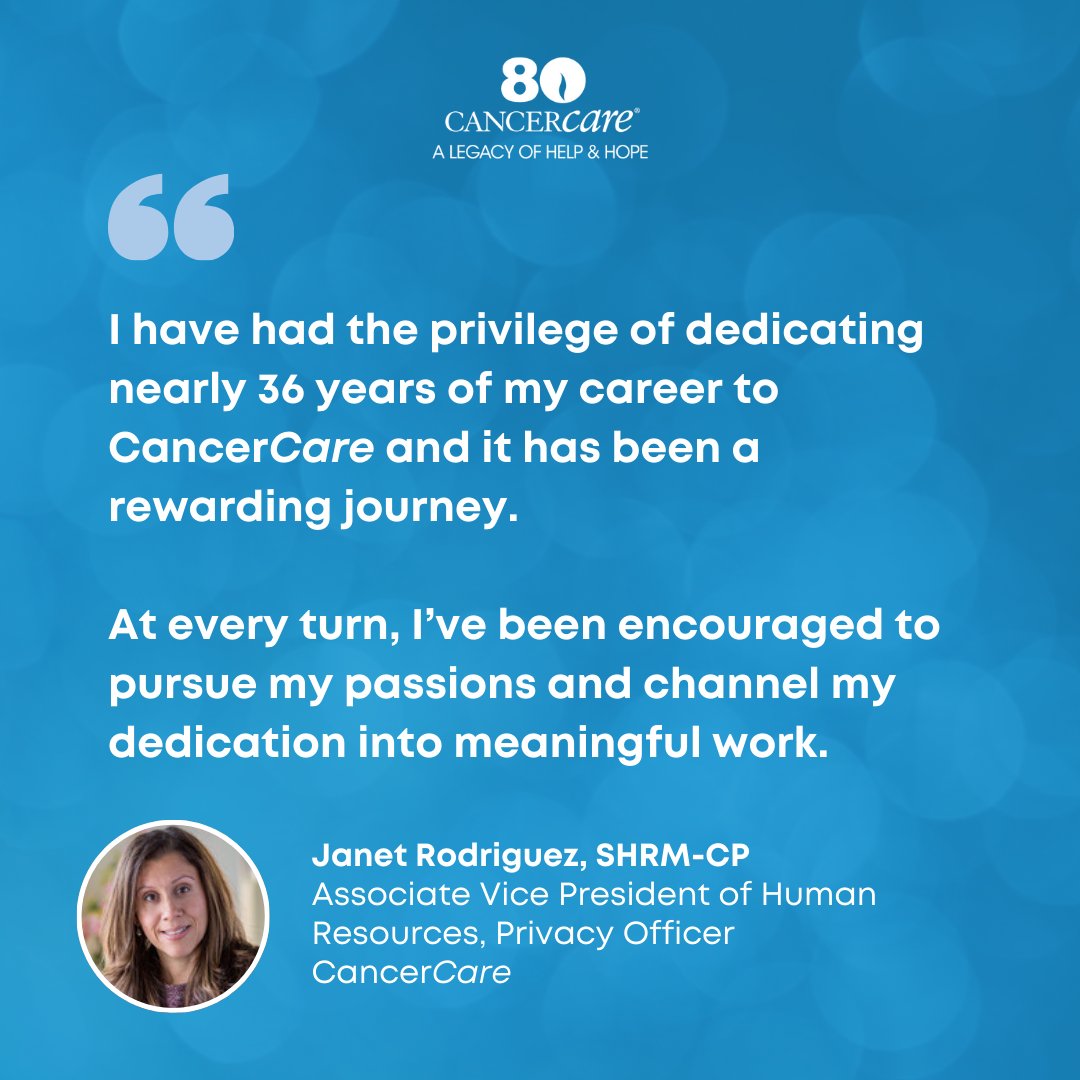 For our 80th anniversary, we spoke with CancerCare staff to discuss the organization’s history & impact. Read more of our conversation with Janet Rodriguez, SHRM-CP, CancerCare’s Associate Vice President of Human Resources & Privacy Officer: loom.ly/RQv96b0