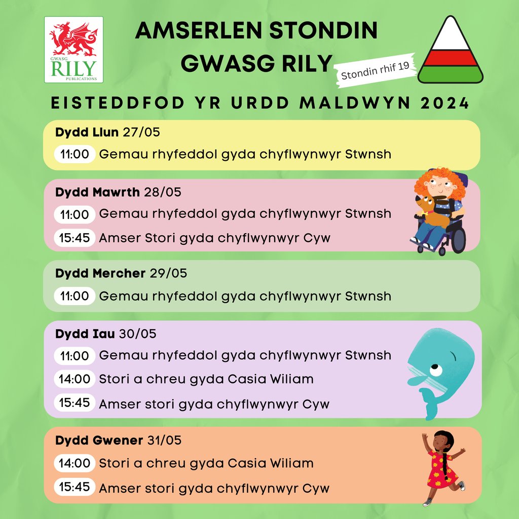 Gwasg Rily Publications (@gwasgrilybooks) on Twitter photo 💫AMSERLEN💫
Yn <a href="/EisteddfodUrdd/">Eisteddfod yr Urdd a’r Celfyddydau</a> wythnos nesa? Dyma rhai o’r gweithgareddau fydd ar ein stondin⬇️
Bydd Cwrsyn a ffrindiau eraill hefyd yn galw heibio, ac wrth gwrs bydd llond y lle o lyfrau ar werth! Welwn ni chi yno!
#Urdd2024 💫AMSERLEN💫
Yn <a href="/EisteddfodUrdd/">Eisteddfod yr Urdd a’r Celfyddydau</a> wythnos nesa? Dyma rhai o’r gweithgareddau fydd ar ein stondin⬇️
Bydd Cwrsyn a ffrindiau eraill hefyd yn galw heibio, ac wrth gwrs bydd llond y lle o lyfrau ar werth! Welwn ni chi yno!
#Urdd2024