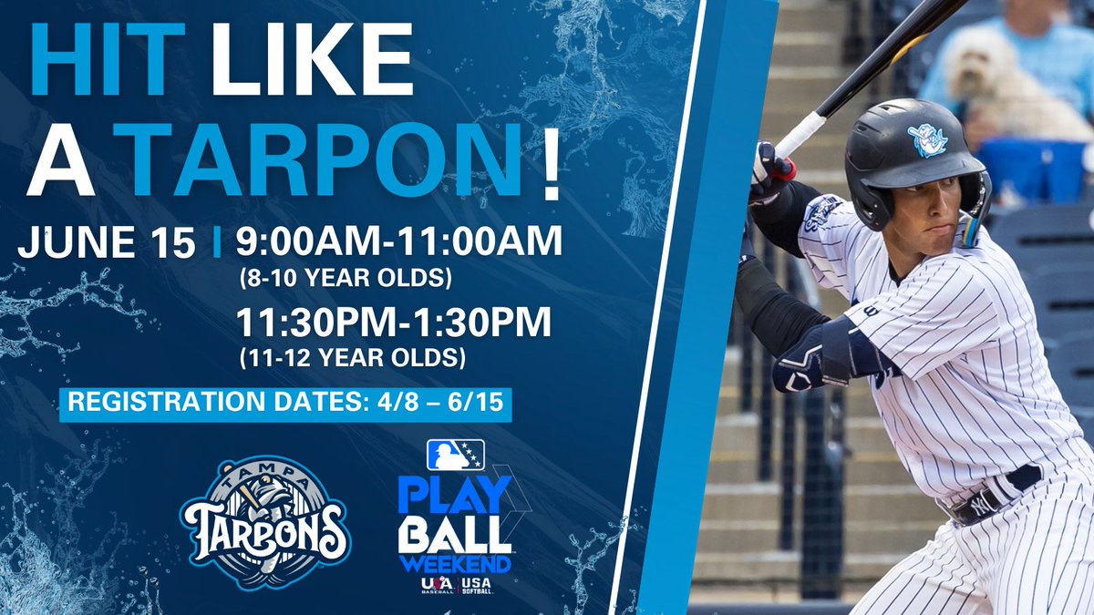Ready to Hit Like a Tarpon?! 🐟 On June 15 the Tarpons are hosting Playball Weekend, a FREE Full-on Batting Practice Experience for kids 8-12 years old @GMSField! REGISTRATION IS FREE ➡️ Learn More: bit.ly/3yfX4cp Registration Dates: NOW – Jun 15, 2024