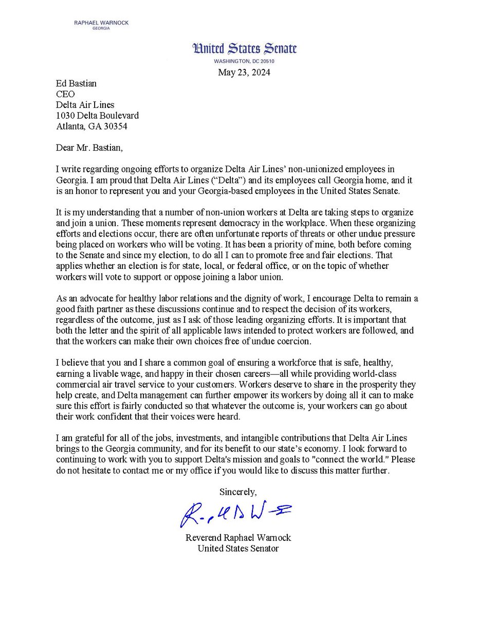 NEW: Thank you @SenatorWarnock for standing with @Delta Air Lines workers urging the company to remain neutral and to respect the decision of its workers’ during their unionizing efforts.