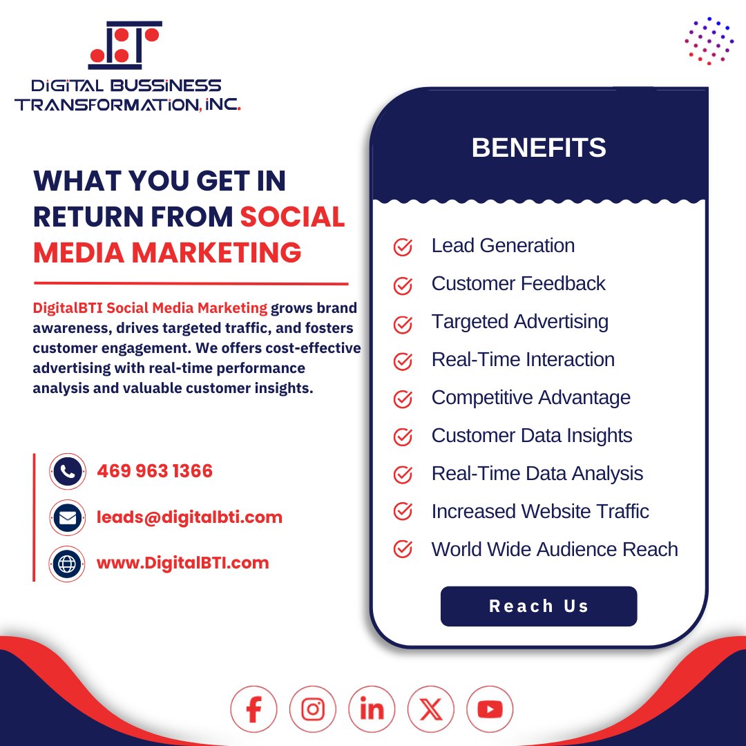 Get results with Social Media Marketing from DigitalBTI! Contact us today! 🌟📱 

#DigitalBTI #SocialMediaMarketing #BrandAwareness #TargetedTraffic #CustomerEngagement #Advertising #PerformanceAnalysis #CustomerInsights #ContactUs #BusinessSuccess