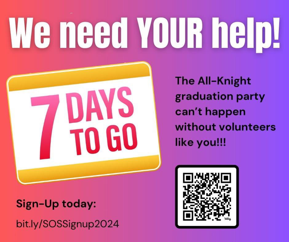 SOSNAHS's tweet image. One week until the SOS All-Knight graduation party. If you haven&apos;t signed up for a shift yet, please do! Help us staff this fabulous event by volunteering and sharing this post. bit.ly/SOSSignup2024