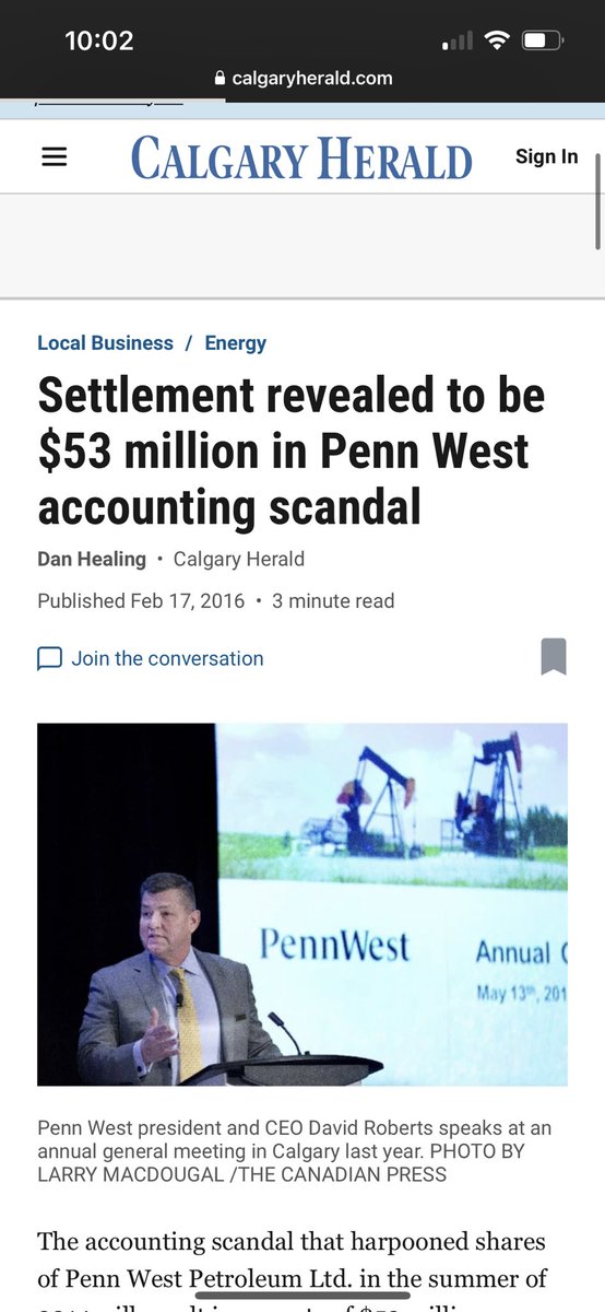 Obsidian Energy used to be named Penn West Petroleum. And there's an obvious reason they rebranded: their execs were charged with accounting fraud & settled. This is important background for the current dispute with the Woodland Cree First Nation & local contractors because some