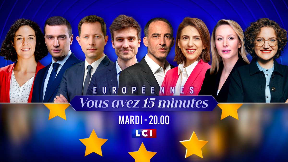 🔴🇪🇺 Événement politique sur LCI ce mardi 28 mai Amélie Carrouër (@Acarrouer) & Julien Arnaud (@Ju_Arnaud) présentent 'Vous avez 15 minutes' Les 8 principales têtes de liste aux Européennes auront 15 minutes pour convaincre avant le scrutin du 9 juin ⏰Dès 20h 📺Canal 2⃣6⃣