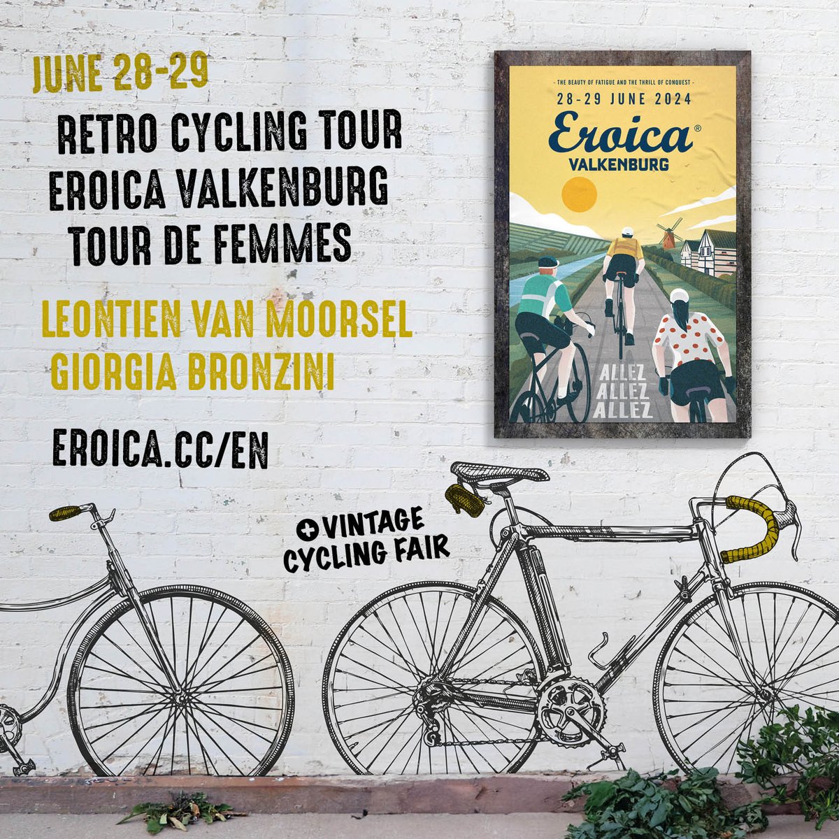 Eroica Valkenburg 2024
28-29 JUNE - #valkenburg

The unique retro #crossborder cycling tour in the Netherlands welcomes you for
3 distances > 65 - 100 - 150km. Don't forget to bring your passport....;)

More info &amp; Registration > eroica.cc/en/limburg