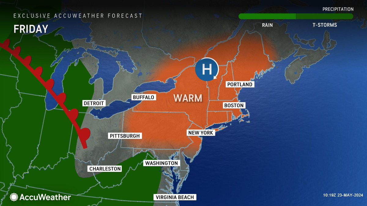 WEATHER @accuweather Friday • Today: A blend of sun and clouds. High 82. • Tonight: Rather cloudy. Low 61. • Saturday: Variable cloudiness with a thunderstorm. High 84.